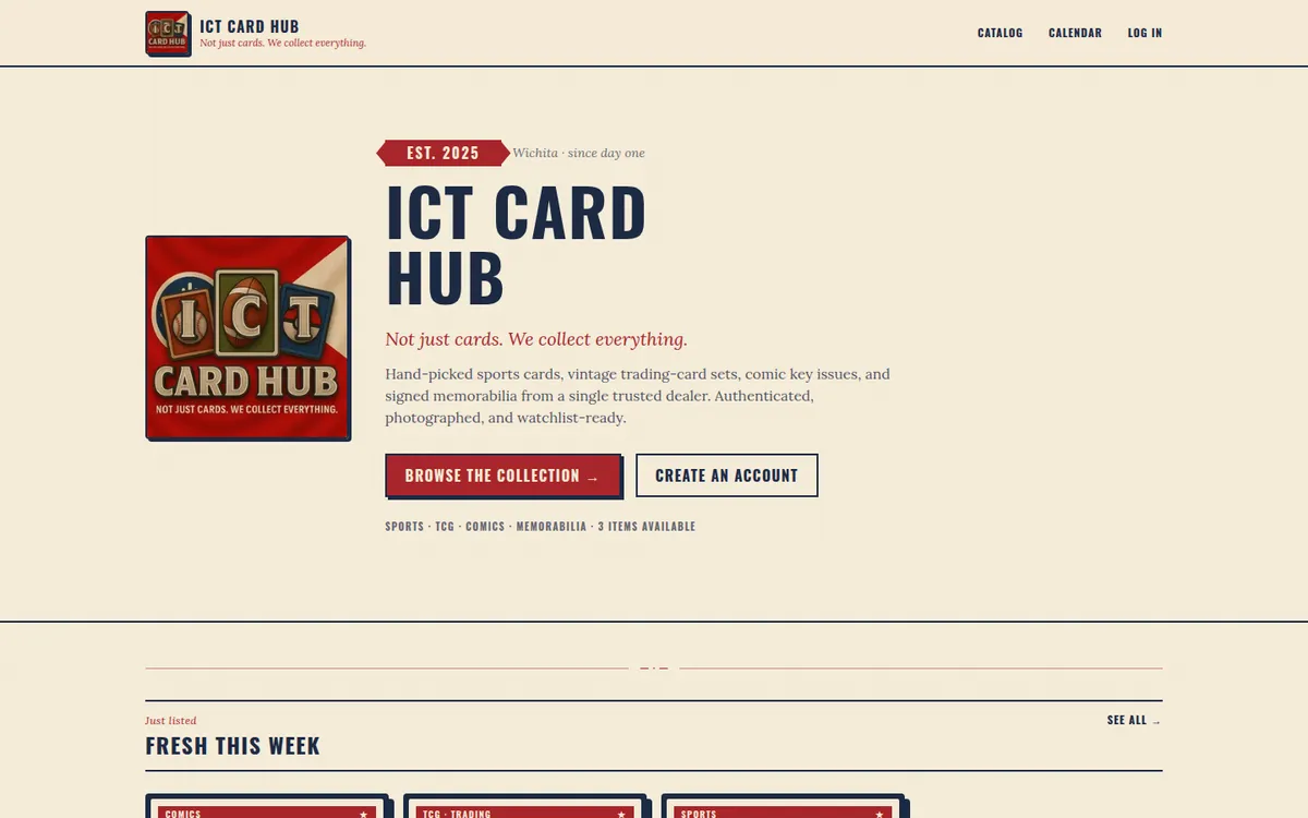 Screenshot of CardHub, a TaskLabX collectibles storefront, running in production